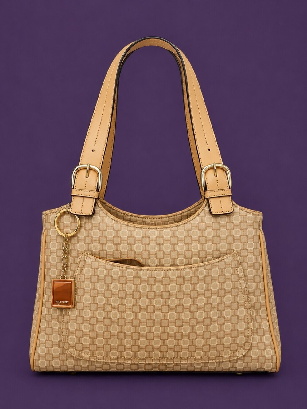 NINE WEST Stylish Tan Cloth Square Patterned Double Handle Satchel Tote Bag